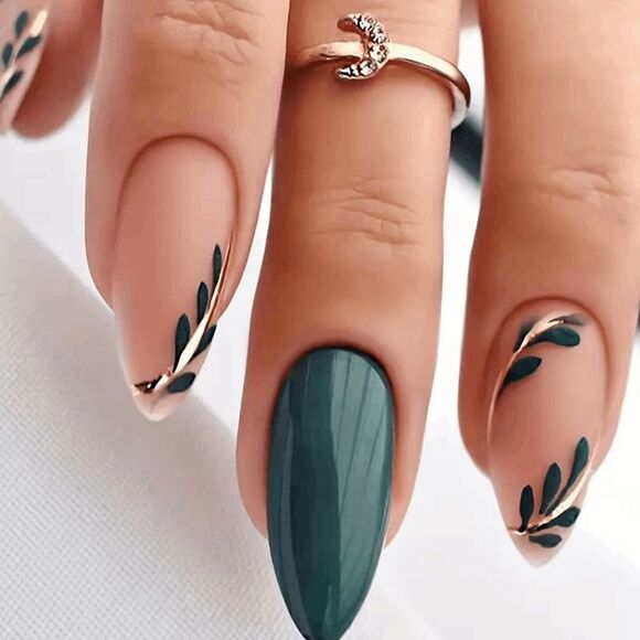 Press on 24 piece Teal green natural leaf design Medium length almond Nails - Picture 1 of 6